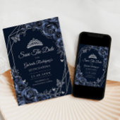 Quinceanera Navy Silber Blumen Save The Date