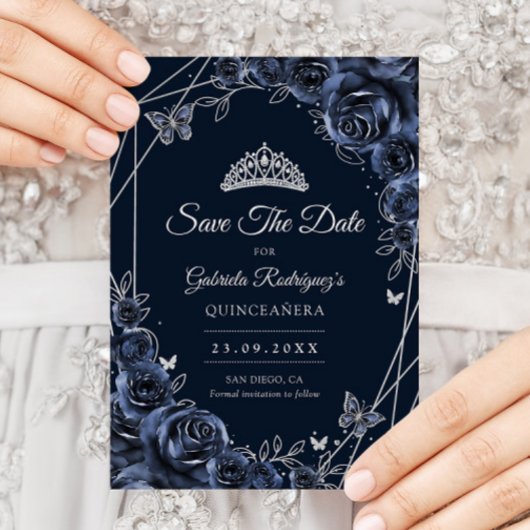 Quinceanera Navy Silber Blumen Save The Date