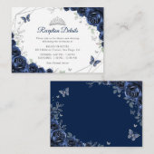 Quinceanera-Navy-Silber-Blumendetails Begleitkarte (Vorne/Hinten)