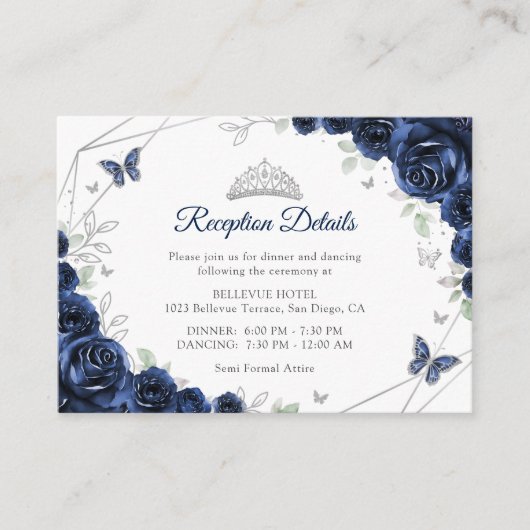 Quinceanera-Navy-Silber-Blumendetails Begleitkarte (Vorderseite)