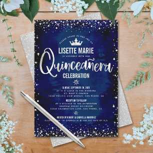 Quinceañera-Navy-Silber-Glitter-Prinzessinnenkrone Einladung