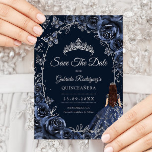 Quinceanera Navy Silber Schmetterlinge Rosen Save The Date