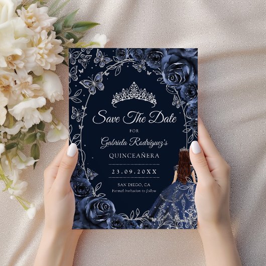 Quinceanera Navy Silver Butterflies Roses Save The Date