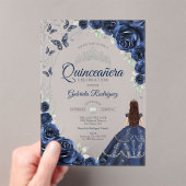 Quinceanera Navy Silver Floral Acryleinladungen (Insitu (Handheld))