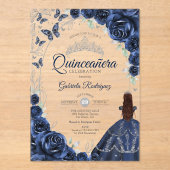 Quinceanera Navy Silver Floral Acryleinladungen (Vorderseite)