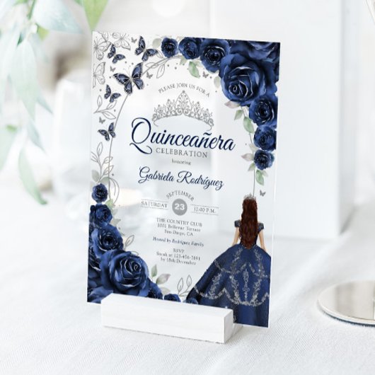 Quinceanera Navy Silver Floral Acryleinladungen