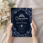 Quinceanera Navy Silver Floral Einladung