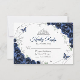 Quinceanera Navy Silver Floral Reply RSVP Karte