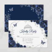 Quinceanera Navy Silver Floral Reply RSVP Karte (Vorne/Hinten)