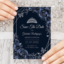 Quinceanera Navy Silver Floral Save The Date