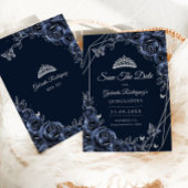 Quinceanera Navy Silver Floral Save The Date
