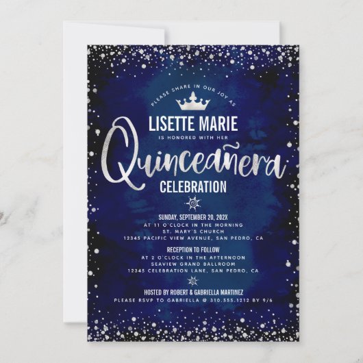 Quinceañera Navy Silver Glitzer Princess Crown Einladung (Vorderseite)
