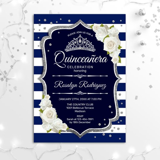 Quinceanera - Navy Silver White Einladung