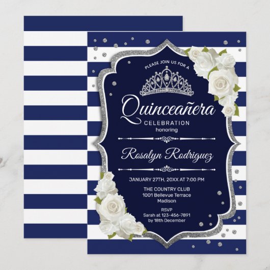 Quinceanera - Navy Silver White Einladung (Vorne/Hinten)