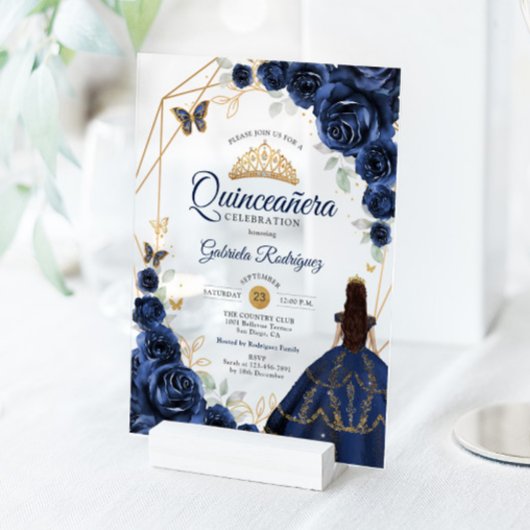 Quinceanera Navyblauer Blumenkleid Gold Acryleinladungen