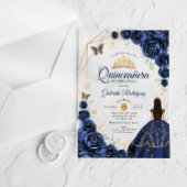 Quinceanera Navyblauer Blumenkleid Gold Acryleinladungen