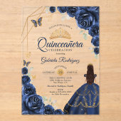 Quinceanera Navyblauer Blumenkleid Gold Acryleinladungen (Vorderseite)