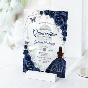 Quinceanera-Navyblaues-silbernes-Blumenkleid Acryleinladungen