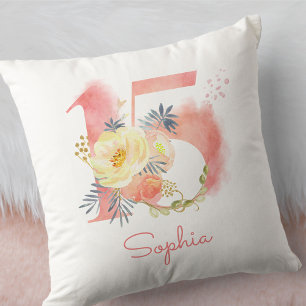 Quinceanera Nummer 15 Aquarell-Nebel-Blumen Kissen