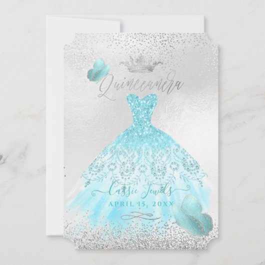 Quinceanera Ombre Blue Butterfells Prinzessin Gown Einladung (Vorderseite)