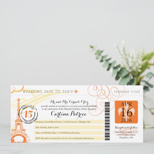 Quinceanera Orange & Yellow Paris Boarding Pass Einladung (Stehend Vorderseite)