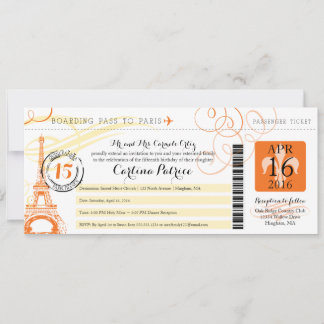 Quinceanera Orange & Yellow Paris Boarding Pass Einladung