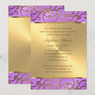 Quinceanera Orchid Lila und Gold Filigree Wirbel Einladung
