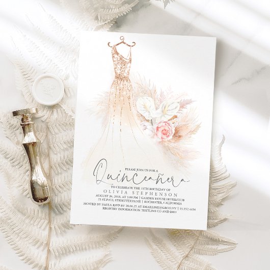 Quinceañera Pampas Grass Gold Dress 15. Geburtstag Einladung