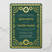 Quinceañera Papel Picado Dark Green Gold Folieneinladung (Vorderseite)