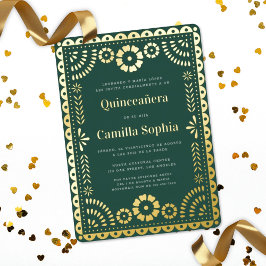 Quinceañera Papel Picado Dark Green Gold Folieneinladung