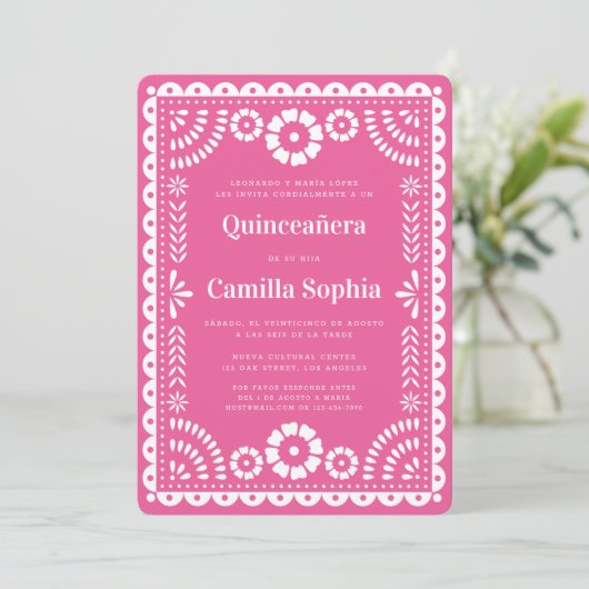 Quinceañera Papel Picado Elegant Bright Pink Einladung (Stehend Vorderseite)