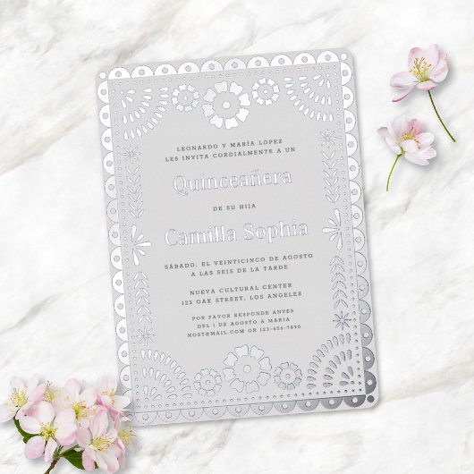 Quinceañera Papel Picado Elegant Grey Silver Folieneinladung