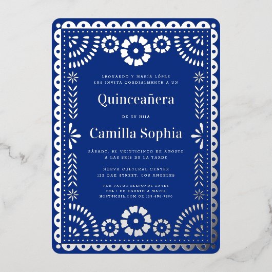 Quinceañera Papel Picado Elegant Royal Blue Silver Folieneinladung (Vorderseite)