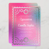 Quinceañera Papel Picado Fun Gradient Pink Silver Einladung (Vorne/Hinten)