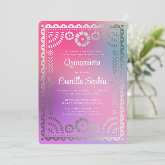 Quinceañera Papel Picado Fun Gradient Pink Silver Einladung (Stehend Vorderseite)