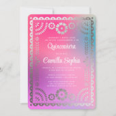 Quinceañera Papel Picado Fun Gradient Pink Silver Einladung (Vorderseite)