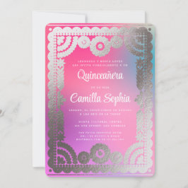 Quinceañera Papel Picado Fun Gradient Pink Silver Einladung