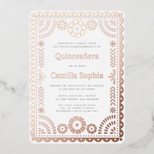 Quinceañera Papel Picado White Rose Gold Folieneinladung (Vorderseite)