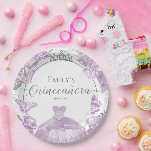Quinceanera Paper Tellers Lavendel Dress Floral Pappteller (Party)