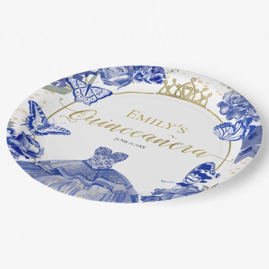 Quinceanera Paper Tellers Royal Blue Dress Floral Pappteller (Schrägansicht)