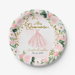 Quinceanera-Papierteller Blush Floral Rosa Kleid Pappteller