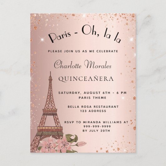 Quinceanera Paris Eiffel Turm Rose Gold Glitzer Einladungspostkarte (Vorderseite)