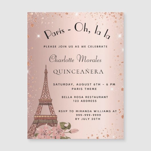 Quinceanera Paris Eiffel Turm Rose Gold Glitzer Magneteinladung (Vorderseite)