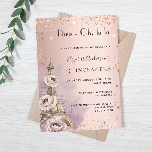 Quinceanera Paris Rose Gold Eiffelturm Einladung