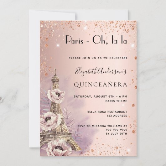 Quinceanera Paris Rose Gold Eiffelturm Einladung (Vorderseite)