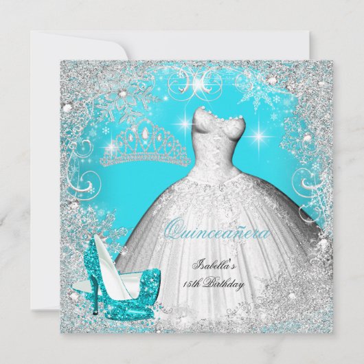 Quinceanera Party Aquamarin Blau Silberschneeflock Einladung (Vorderseite)