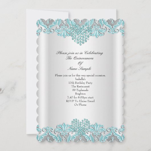 Quinceanera Party Aquamarin Blue Hearts Lace Tiara Einladung (Rückseite)