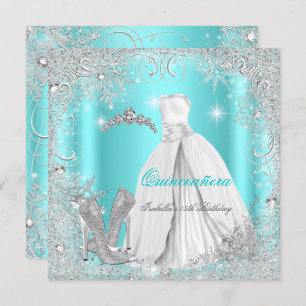 Quinceanera Party Aquamarin Blue Silver Snowflakes Einladung