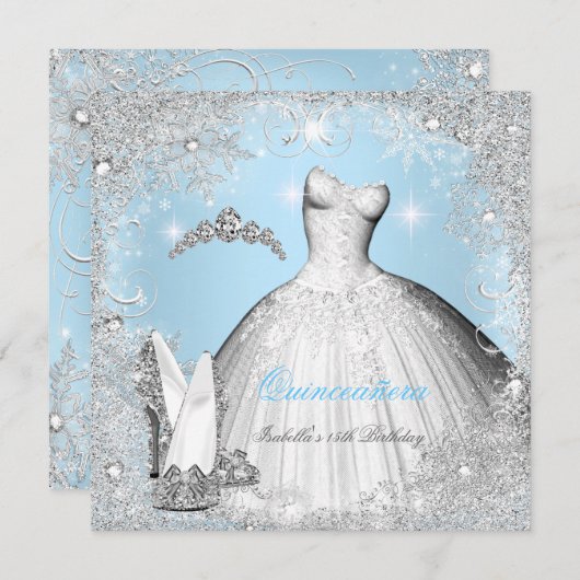 Quinceanera Party Blue Silver Snowflakes Einladung (Vorne/Hinten)