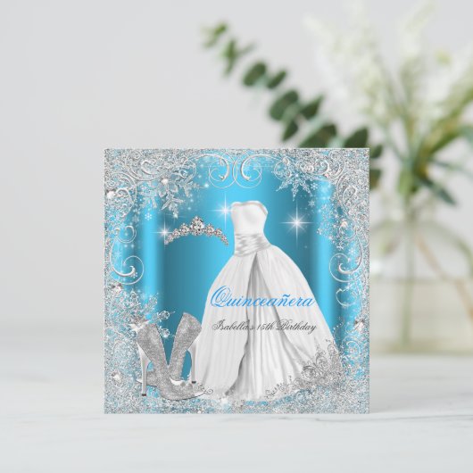 Quinceanera Party Blue Silver Winter Schneeflocken Einladung (Stehend Vorderseite)
